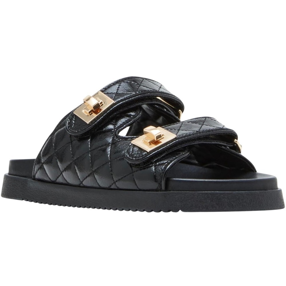 Steve Madden Schmona Black Quilted Platform Slides Luxe Gold Hardware Size 8.5